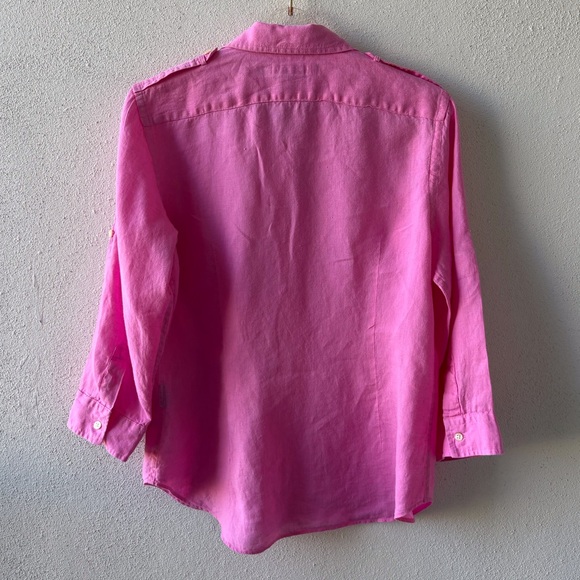 Ralph Lauren Sport Size 14 Pink Linen Button Up Roll Tab Sleeves Pockets Casual - Picture 3 of 13